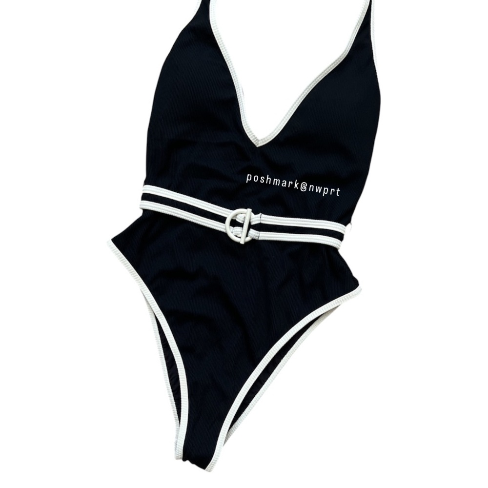 NWT 💯 L*Space Caicos One Piece Belted Halter Swimsuit Swimwear Black White XS - Picture 6 of 14